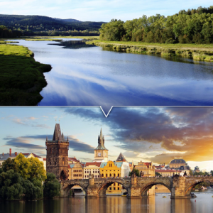 Image separated in half. In the top half, there is Vltava river near the town Lipno nad Vltavou. In the bottom half, there is Charles Bridge in Prague