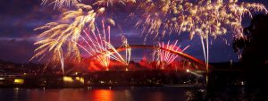 Image of fireworks above Vilshofen bridge over Danube river